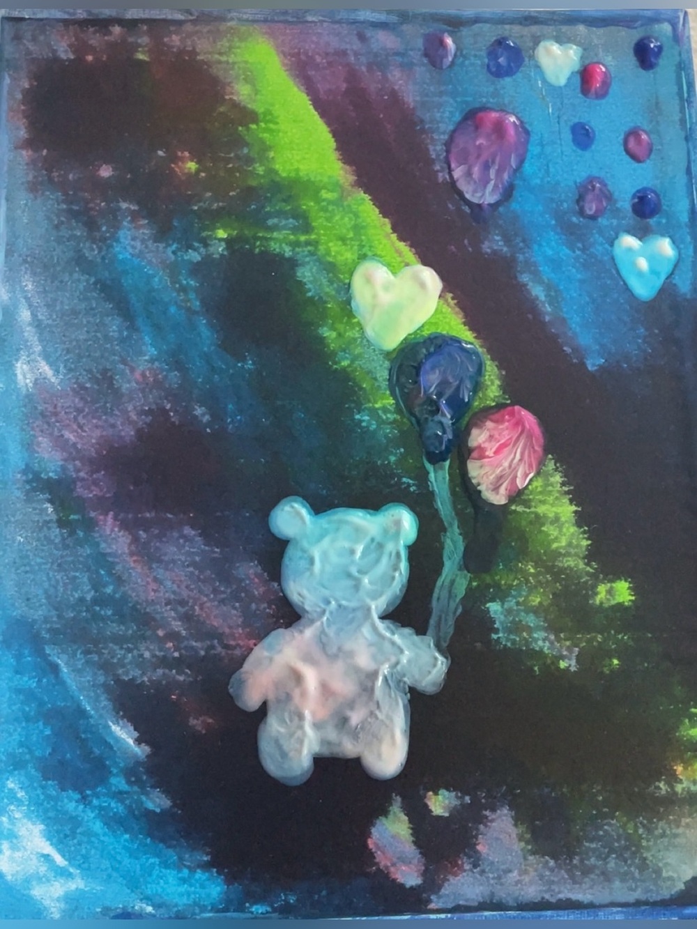Whimsical Bear Balloon Abstract Painting - Neon Blue & Lime Accents